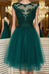 Green Lace Tulle Short Semi Formal Prom Dresses Homecoming Dresses, Green Lace Formal Graduation Evening Dresses