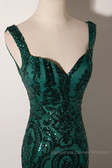 Green Mermaid Long Straps Sequins Long Semi Formal Prom Dress, Green Mermaid Evening Dress