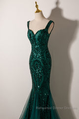 Green Mermaid Long Straps Sequins Long Semi Formal Prom Dress, Green Mermaid Evening Dress