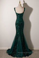 Green Mermaid Long Straps Sequins Long Semi Formal Prom Dress, Green Mermaid Evening Dress