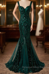 Green Mermaid Long Straps Sequins Long Semi Formal Prom Dress, Green Mermaid Evening Dress