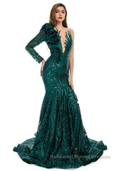 Orange Mermaid One Sleeve Semi Formal Prom Dresses Sequined Lace Jewel Ruffles Evening Party Dresses with Appliques