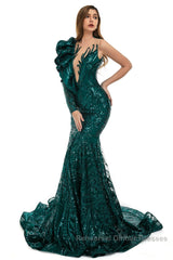 Orange Mermaid One Sleeve Semi Formal Prom Dresses Sequined Lace Jewel Ruffles Evening Party Dresses with Appliques