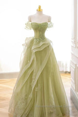 Green Off Shoulder Lace Long Semi Formal Prom Dress, Green Formal Dress