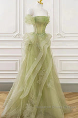 Green Off Shoulder Lace Long Semi Formal Prom Dress, Green Formal Dress