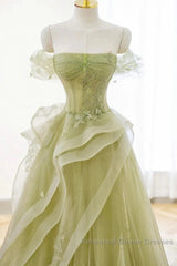 Green Off Shoulder Lace Long Semi Formal Prom Dress, Green Formal Dress