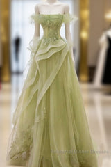 Green Off Shoulder Lace Long Semi Formal Prom Dress, Green Formal Dress