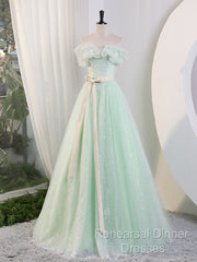 Green Off Shoulder Tulle Green Long Semi Formal Prom Dress, Green Lace Long Sweet 16 Dress