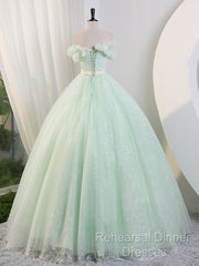 Green Off Shoulder Tulle Green Long Semi Formal Prom Dress, Green Lace Long Sweet 16 Dress
