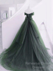 Green Off Shoulder Tulle Sweetheart Long Party Dress, Green Tulle Evening Dress Semi Formal Prom Dress