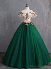Green Off Shoulder Tulle with Lace Formal Gown, Green Evening Sweet 16 Dresses
