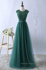 Green Semi Formal Prom Dresses Scoop Tulle & Lace With Sash A Line Sweep Train Floor Length Elegant
