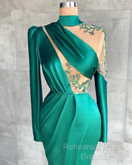 Green Robe De Soiree Sheath Long Sleeves Satin Beaded Slit Sexy Long Semi Formal Prom Dresses Semi Formal Prom Gown Evening Dresses