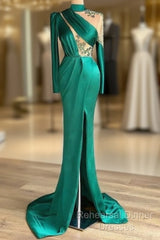 Green Robe De Soiree Sheath Long Sleeves Satin Beaded Slit Sexy Long Semi Formal Prom Dresses Semi Formal Prom Gown Evening Dresses