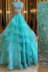 Green Round Neck 2 Pieces Beaded Sequins Tulle Long Semi Formal Prom Dresses, Green 2 Pieces Formal Dresses, Green Evening Dresses