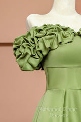 Green Satin Floor Length Semi Formal Prom Dress, Off The Shoulder Evening Party Dress