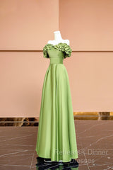 Green Satin Floor Length Semi Formal Prom Dress, Off The Shoulder Evening Party Dress