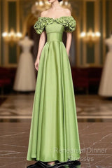 Green Satin Floor Length Semi Formal Prom Dress, Off The Shoulder Evening Party Dress