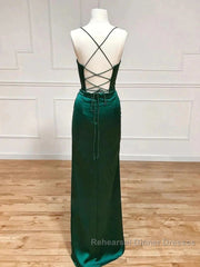 Green Satin Long Mermaid Slit Semi Formal Prom Dress