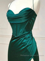 Green Satin Long Mermaid Slit Semi Formal Prom Dress