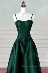 Green Satin Simple A-Line Floor Length Party Dress, Green Satin Straps Semi Formal Prom Dress