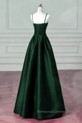 Green Satin Simple A-Line Floor Length Party Dress, Green Satin Straps Semi Formal Prom Dress