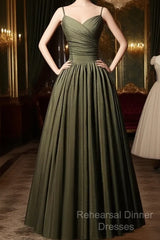 Green Satin Straps Long Wedding Party Dress, Green Long Semi Formal Prom Dress Evening Dress