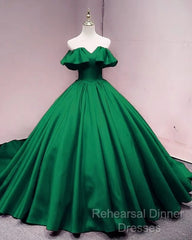 Green Satin Sweetheart Off Shoulder Ball Gown Long Sweet 16 Dress, Green Quinceanera Dress