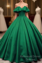 Green Satin Sweetheart Off Shoulder Ball Gown Long Sweet 16 Dress, Green Quinceanera Dress