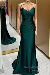 Green Satin V-Neckline Mermaid Straps Evening Gown, Green Satin Semi Formal Prom Dress