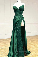 Green Satin With Lace Straps Long Evening Dress Semi Formal Prom Dress, Green Satin Party Dres