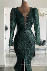 Green Sequin V Neck Mermaid Semi Formal Prom Dresses