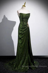 Green Sequins Long Mermaid Semi Formal Prom Dress, Green Lace-Up Party Dress With Slit