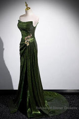 Green Sequins Long Mermaid Semi Formal Prom Dress, Green Lace-Up Party Dress With Slit