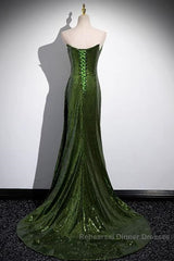 Green Sequins Long Mermaid Semi Formal Prom Dress, Green Lace-Up Party Dress With Slit