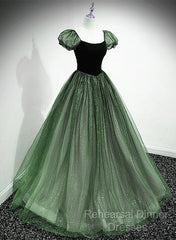 Green Shiny Tulle Short Sleevse Long Formal Dress, Green A-Line Semi Formal Prom Dress Party Dress