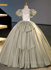 Green Short Sleeves Ball Gown Satin Long Party Dress, Green Long Formal Dress