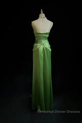 Green Spaghetti Strap Sheath Satin Beaded Semi Formal Prom Dress Evening Gown