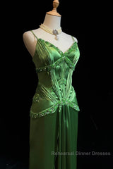 Green Spaghetti Strap Sheath Satin Beaded Semi Formal Prom Dress Evening Gown