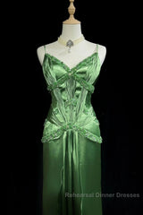 Green Spaghetti Strap Sheath Satin Beaded Semi Formal Prom Dress Evening Gown