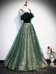 Green Straps Velvet Long Lace Semi Formal Prom Dresses