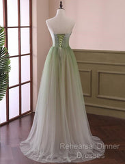 Green Sweetheart Gradient Beaded Tulle Floor Length Party Dress, Green Junior Semi Formal Prom Dresses