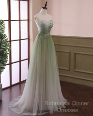 Green Sweetheart Gradient Beaded Tulle Floor Length Party Dress, Green Junior Semi Formal Prom Dresses