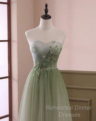 Green Sweetheart Gradient Beaded Tulle Floor Length Party Dress, Green Junior Semi Formal Prom Dresses