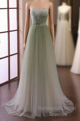 Green Sweetheart Gradient Beaded Tulle Floor Length Party Dress, Green Junior Semi Formal Prom Dresses