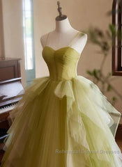 Green Sweetheart Straps Tulle Long Party Dress Semi Formal Prom Dress A Line December Wedding Guest Dress