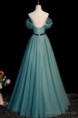 Green Tulle A-Line Off Shoulder Party Dress, Simple Long Prom Dress