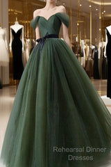 Green Tulle A-Line Off Shoulder Semi Formal Prom Dress, Green Tull Long Formal Dress Evening Dress