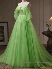 Green Tulle Beading Off Shoulder Sparkle Semi Formal Prom Dress