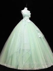 Green Tulle Lace Applique Long Semi Formal Prom Dresses, Green Sweet 16 Dresses